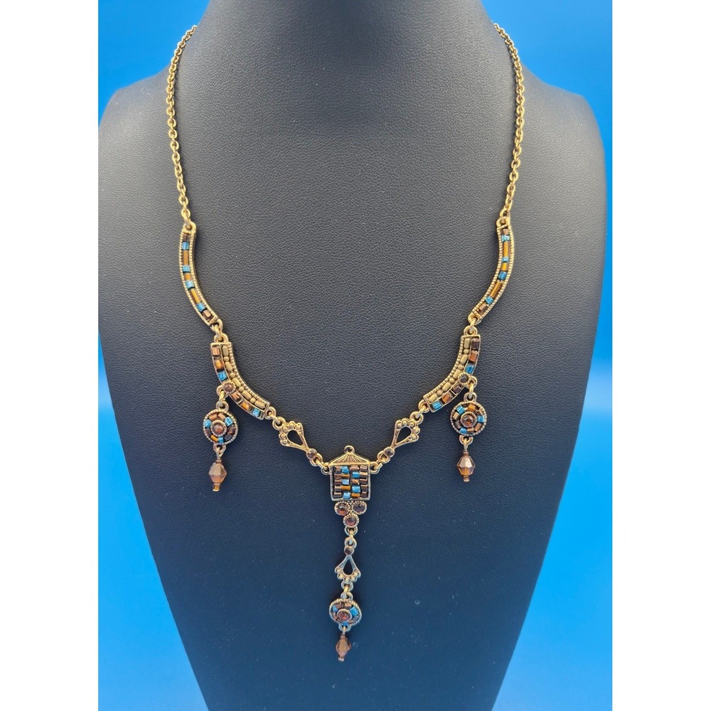 Vintage Beaded Bib Necklace Gold Tone Multi Color Boho Y-Drop Statement Jewelry